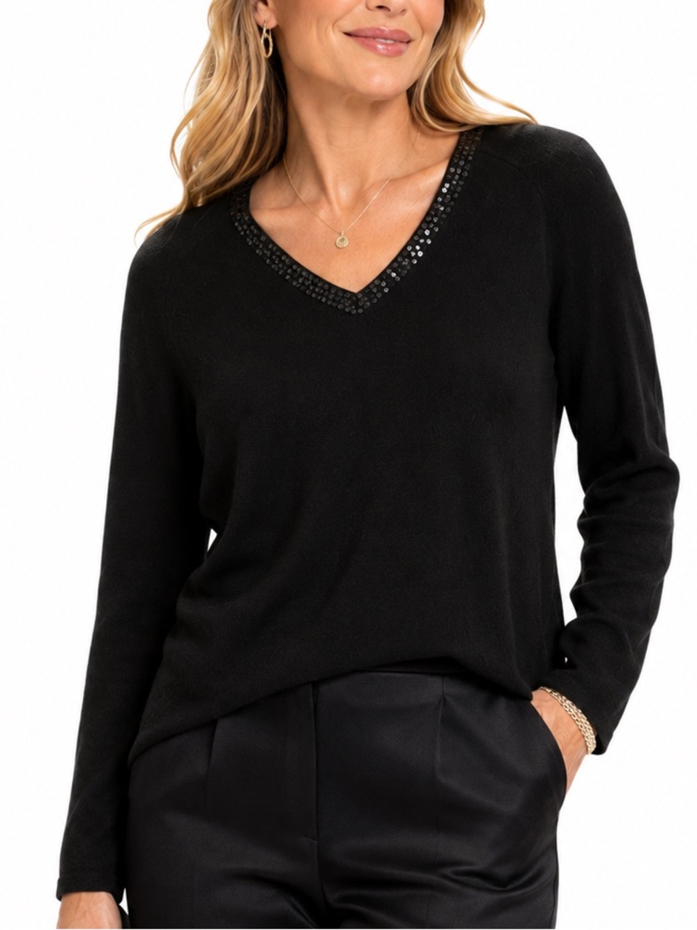 Jones New York 100% Cashmere Black Sequin V-Neck Sweater Size 2X